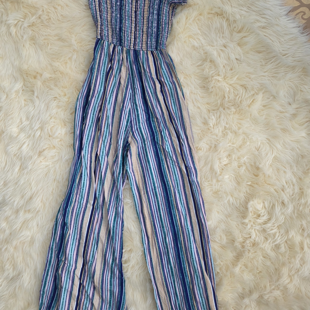 Striped Smocked Jumpsuit in Blue and Cream Romper Band Of Gypsies Ladies Small - Picture 3 of 3
